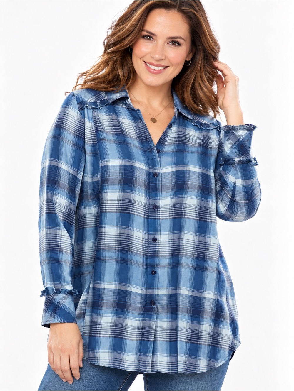 NWT Women’s Size 20 Blue Plaid Ruffle Trim Button Front Tunic Shirt